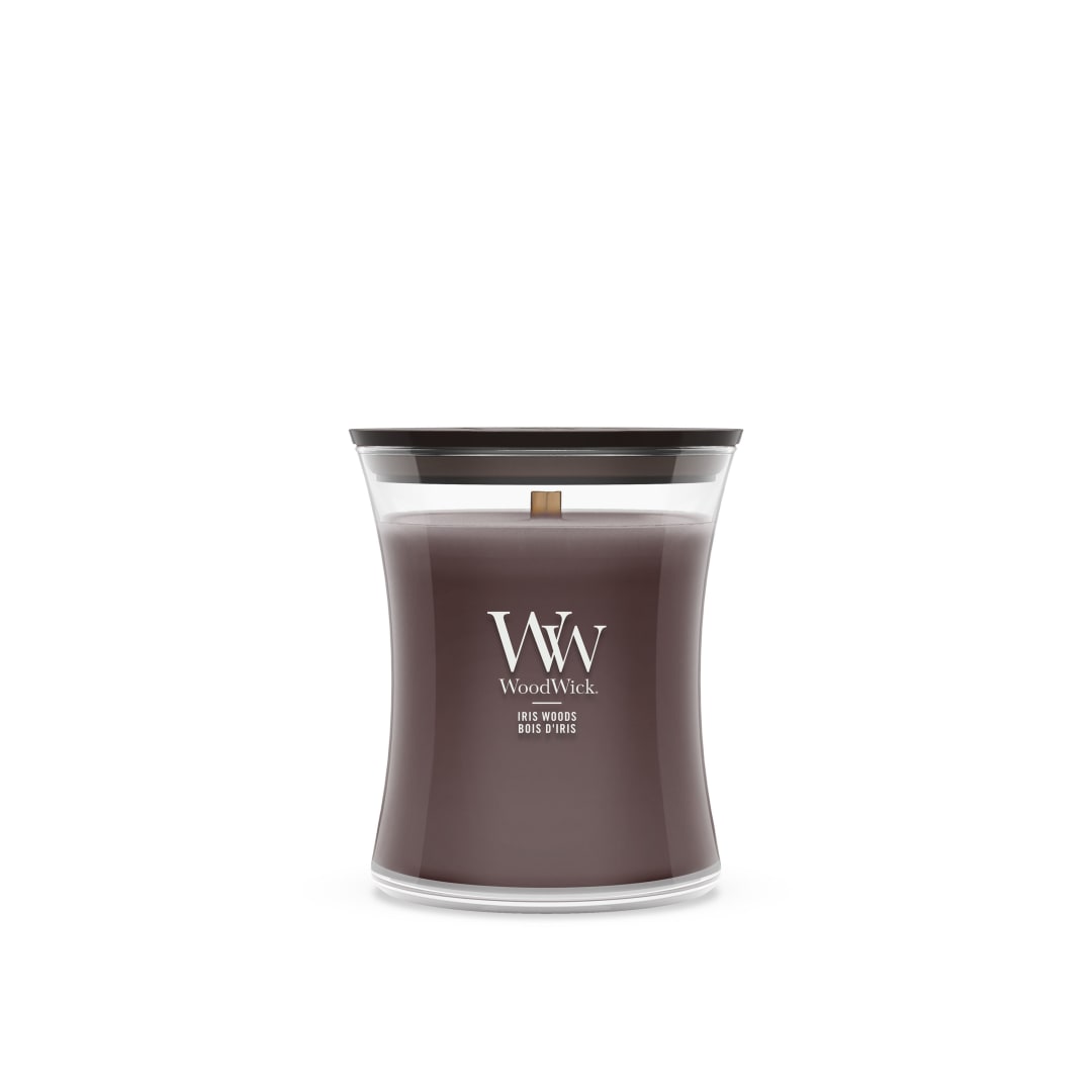 WoodWick Vela perfumada | Vela de tamaño mediano en forma de reloj de arena | Iris woods | Regalos perfectos para mujeres