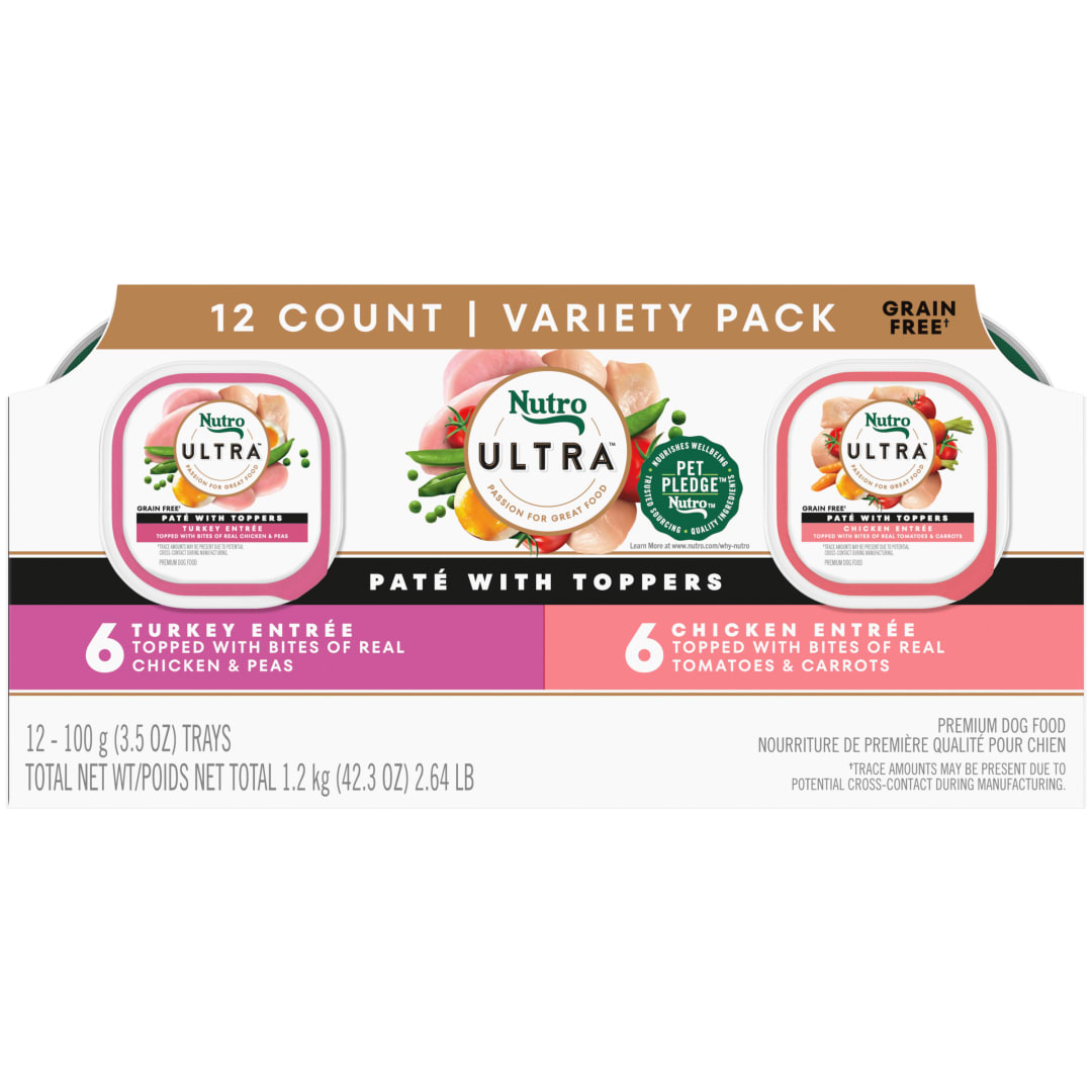 NUTRO ULTRA Adult Grain Free Soft Wet Dog Food, Variety Pack, Chicken Entrée Paté and Turkey Entrée Paté with Toppers, (12) 3.5 oz. Trays