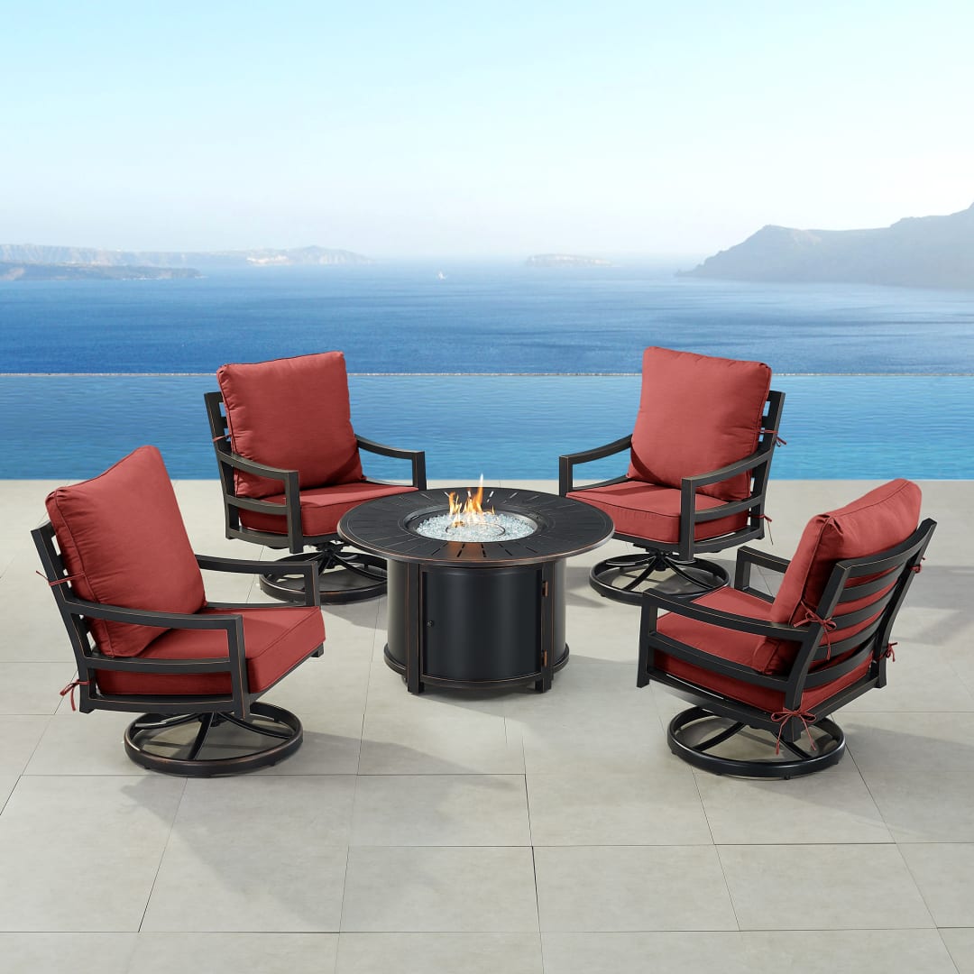 Black Aluminum Patio Fire Table Set with Four Club Chairs
