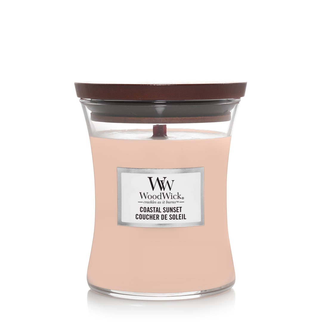 WoodWick Vela perfumada hourglass mediana | Atardecer costero | con mecha crepitante | Tiempo de combustión: hasta 60 horas | Regalos perfectos para mujeres