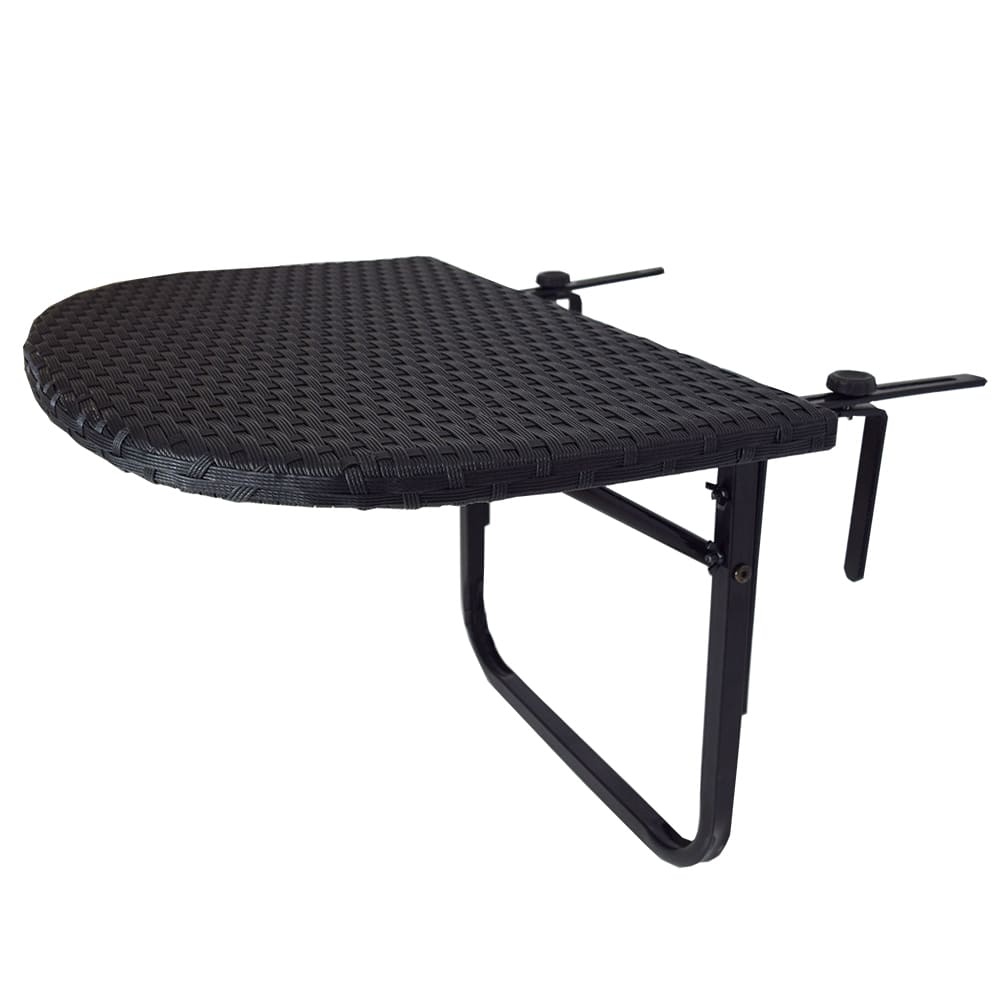 Black Indoor and Outdoor Foldable Wicker Balcony Table with Metal Frame and Adjustable Clamps