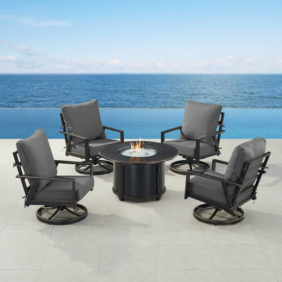 Black Aluminum Patio Fire Table Set with Four Club Chairs