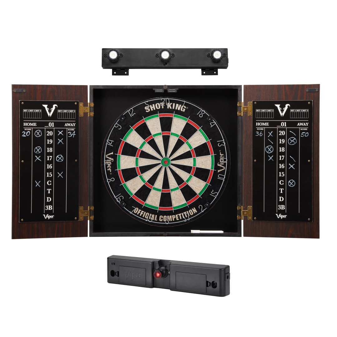 Viper Stadium Dartboard Cabinet with Shot King Sisal Dartboard Viper Light Throw/Toe Line Marker (Steel and Soft Tip Darts) Viper Shadow Buster Dartboard Cabinet Mounted Display Light