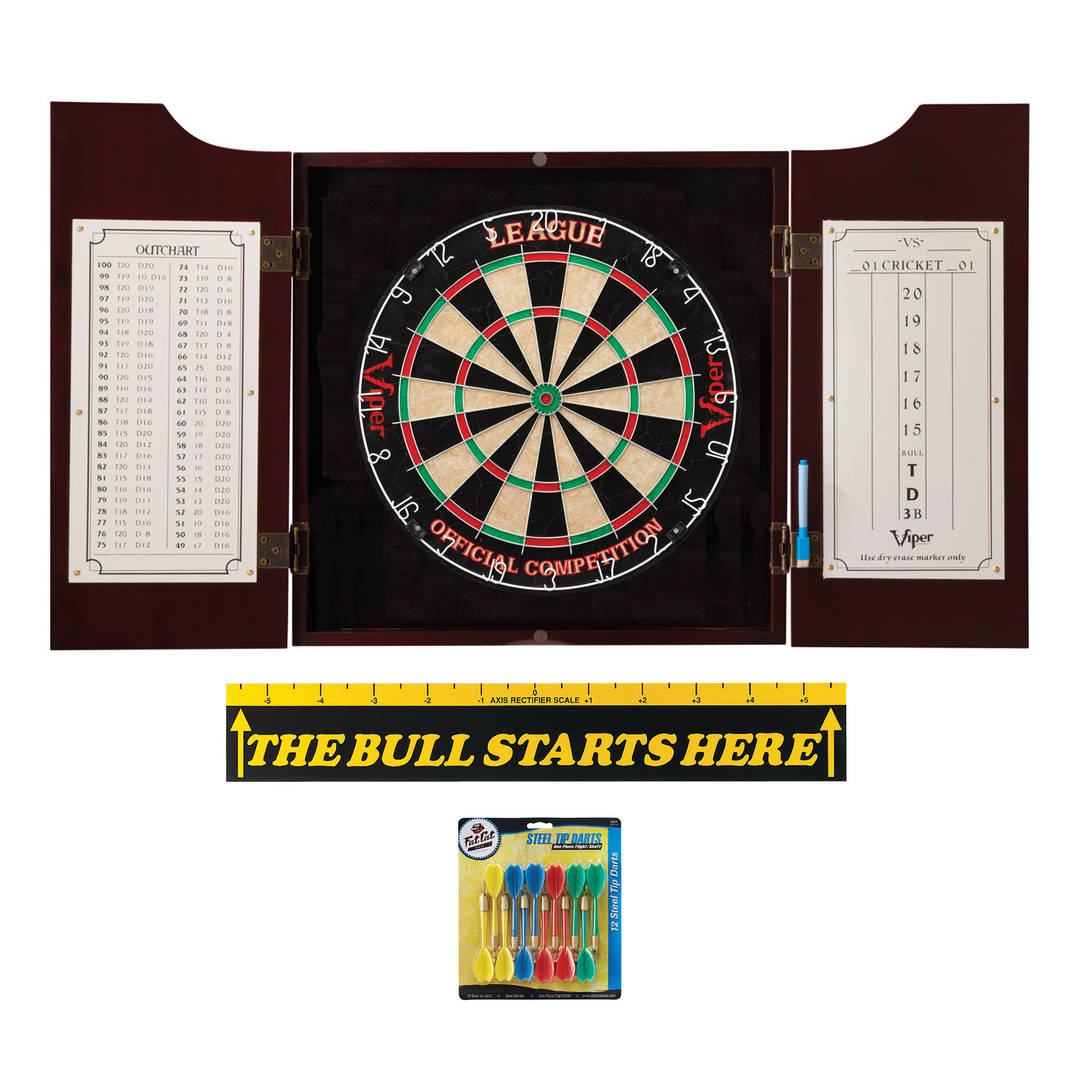 Viper League Sisal Dartboard, Hudson Mahogany Finish Cabinet, Tournament Steel Tip Darts & "The Bull Starts Here" Throw Line