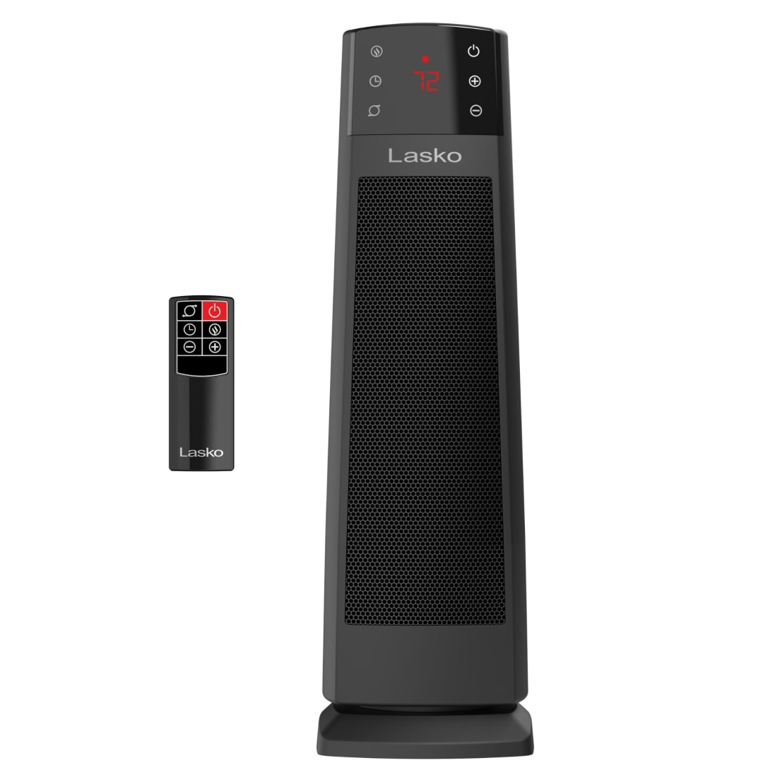 Lasko 22" Digital Ceramic Tower Space Heater with Auto Dimming Display, Tip-Switch and Remote Control, Black
