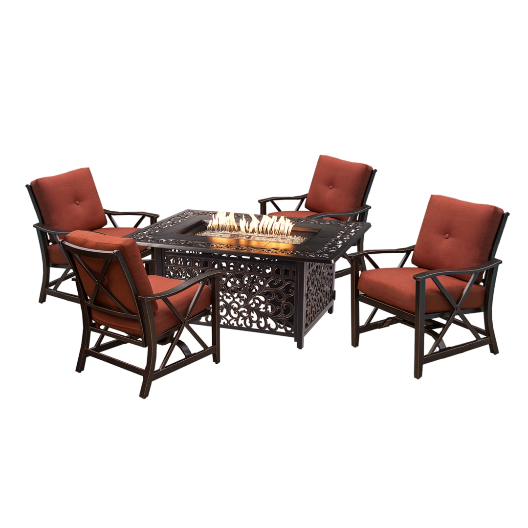 Aluminum 48-in Rectangular Antique Copper Fire Table Set with Four Deep Seating Rocking Chairs, Fire Beads, Lid, Propane Tank Cover and Table Fabric Covers