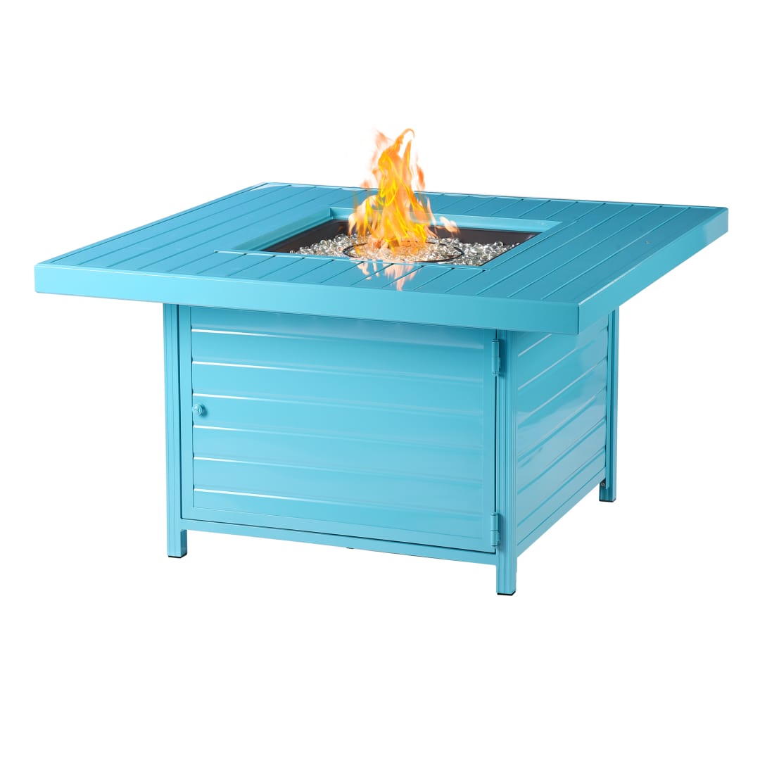 Square 42 in. x 42 in. Aluminum Propane Fire Pit Table with Glass Beads, Two Covers, Lid, 55,000 BTUs in Blue Finish