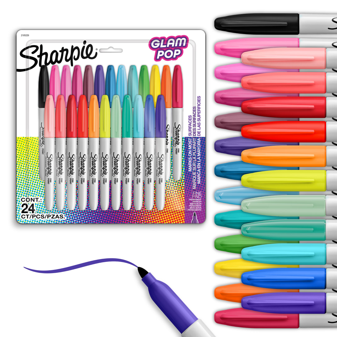 Sharpie Marcadores Glam Pop, Marcadores Permanentes, Punta Fina, Colores Surtidos, 24 Piezas
