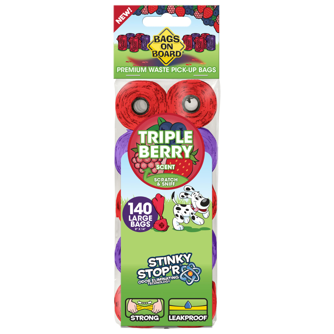 Bags on Board Odor Control Dog Poop Bags | Triple Berry Scent | 9 x14 Inches, 140 Waste Pickup Bags
