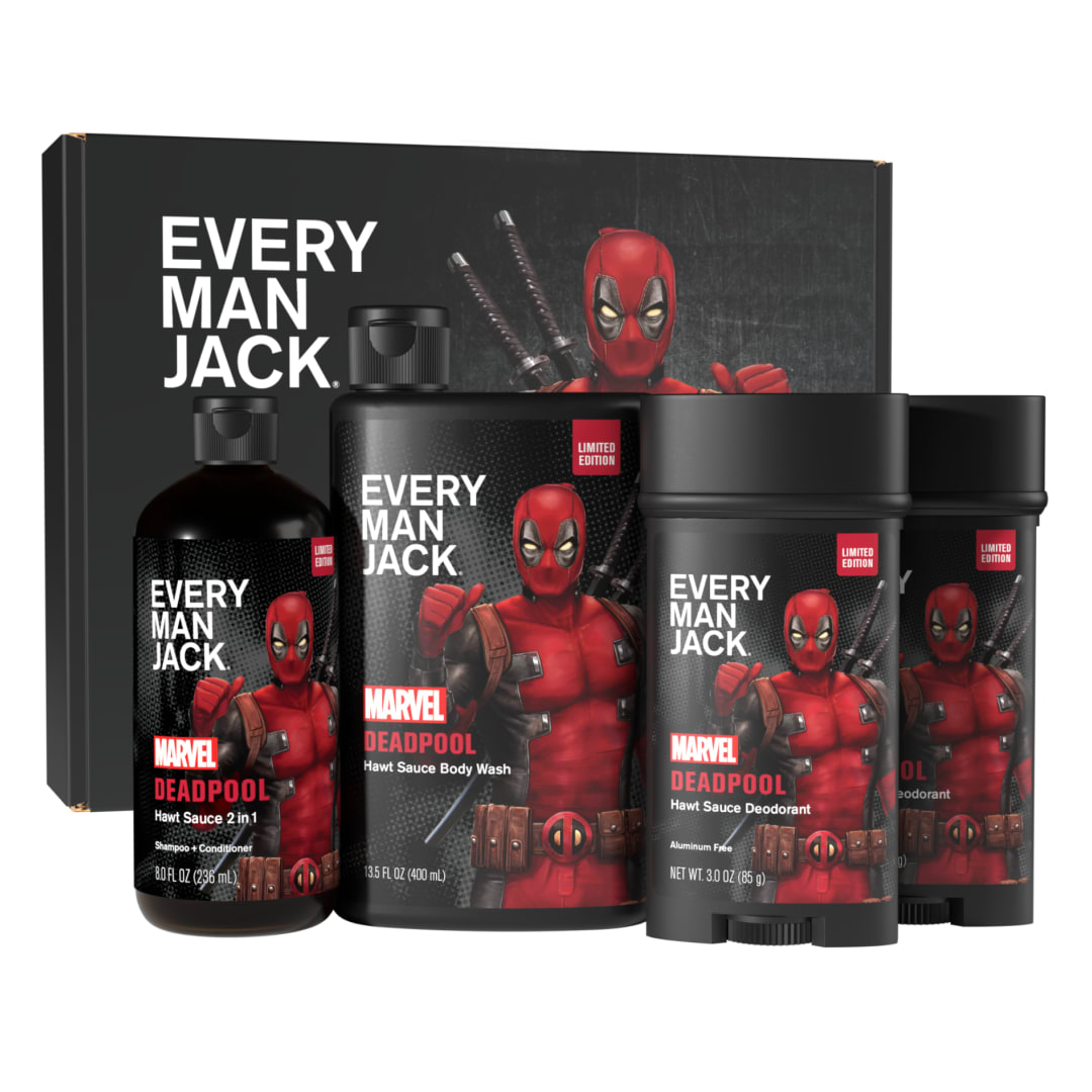 Every Man Jack Deadpool Body Gift Set – Perfect for Every Guy & Marvel-Lover – Made with Clean Ingredients & Incredible Scents – Includes Body Wash, Shampoo & 2 Deodorants