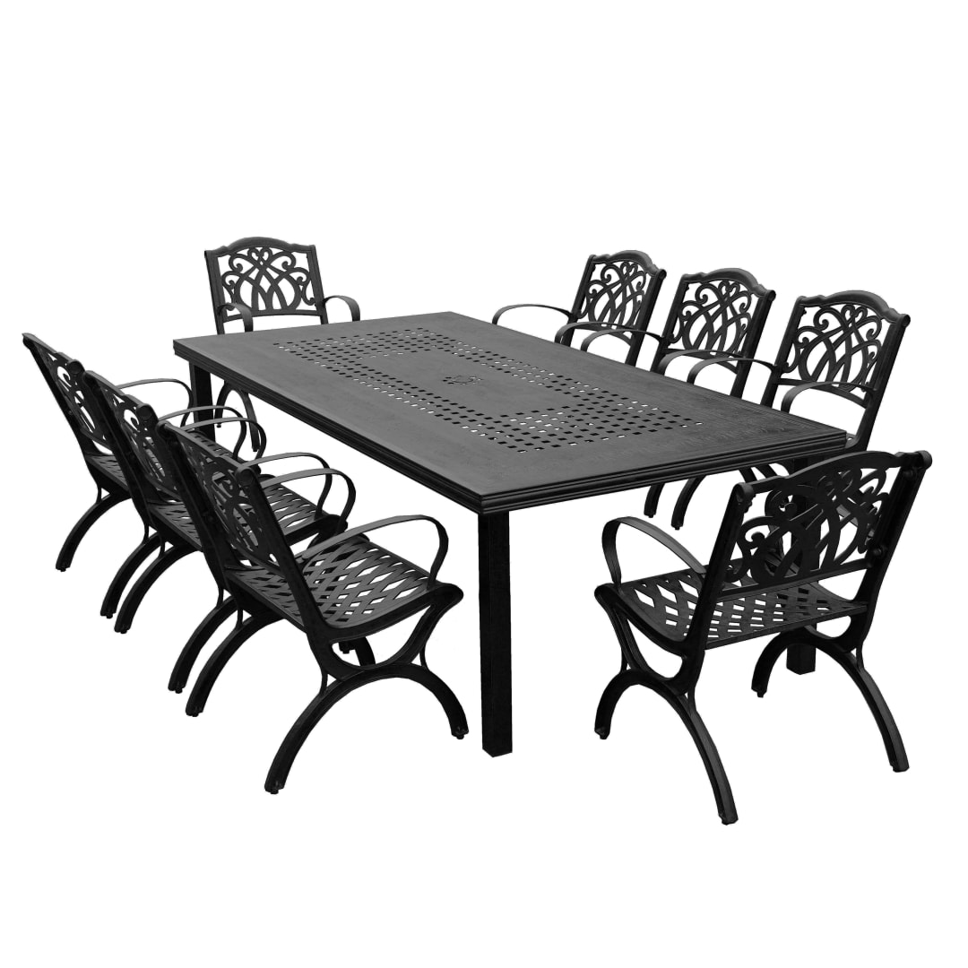 Modern Outdoor Mesh Lattice Aluminum 95-in Black Large Rectangular Patio Dining Set with Eight Arm Chairs