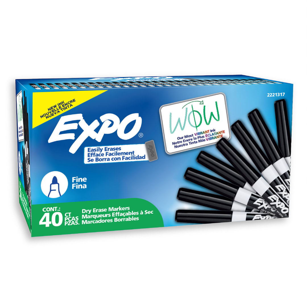 EXPO®Dry Erase Markers, Low Odor Ink, Black, Fine Tip, 40 Count