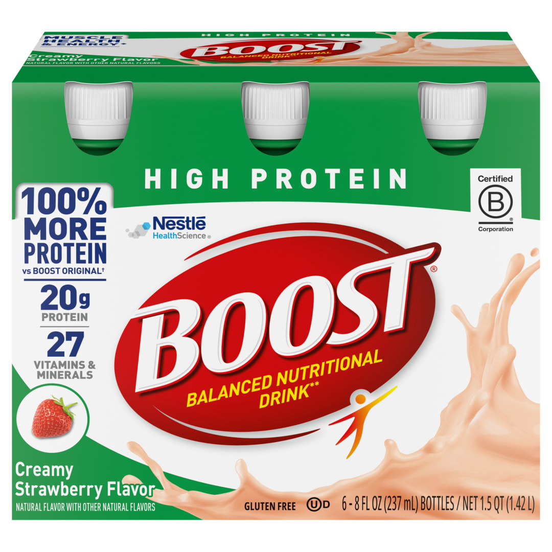 BOOST 20g High Protein Nutritional Drink Shakes, Creamy Strawberry, 8 fl oz, 6 Pack