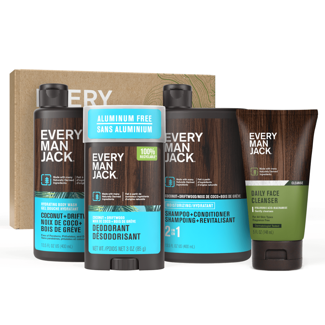 Every Man Jack Men's Bath and Body Gift Set - Coconut + Driftwood Scent - Clean Ingredients - Includes Hydrating Body Wash, 2-in-1 Shampoo, Aluminum-free Deodorant & Face Wash