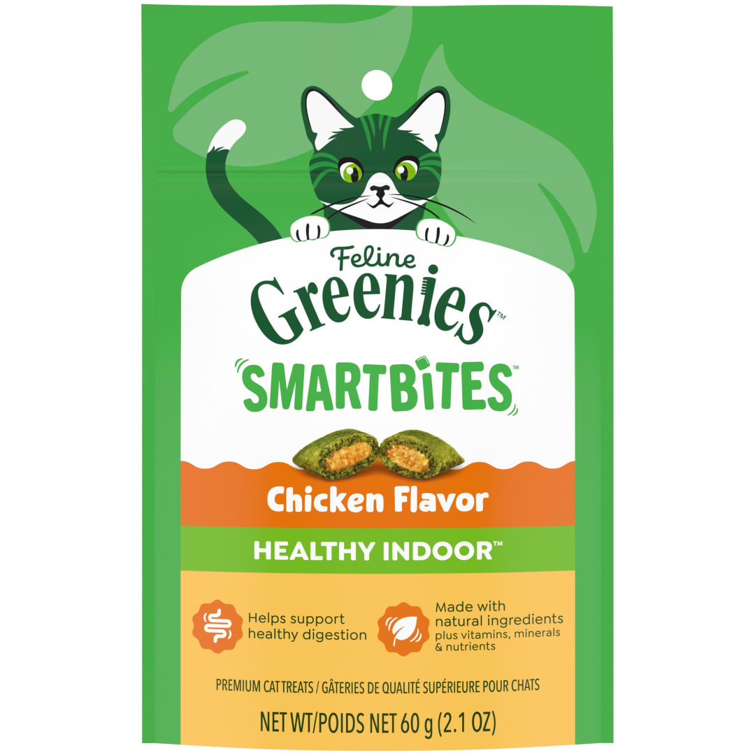 FELINE GREENIES SMARTBITES HEALTHY INDOOR Natural Treats for Cats, Chicken Flavor, 2.1 oz. Pouch