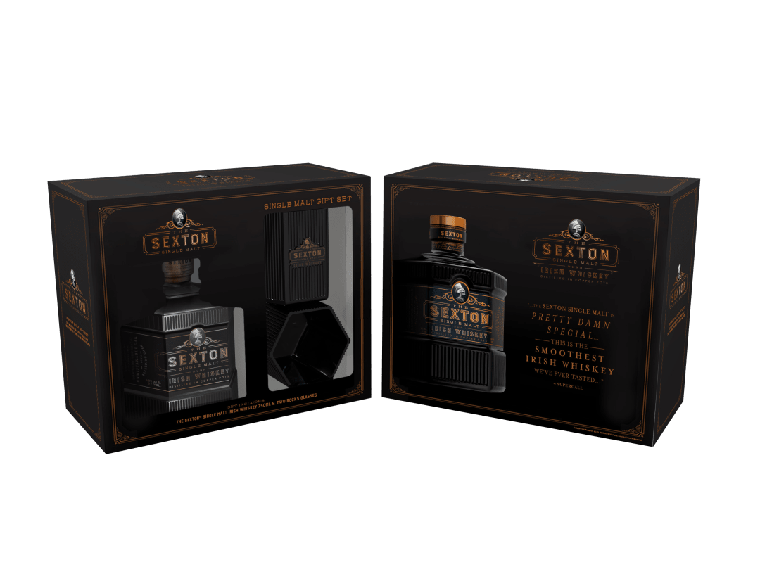 Sexton Single Malt with Two Rocks Glasses