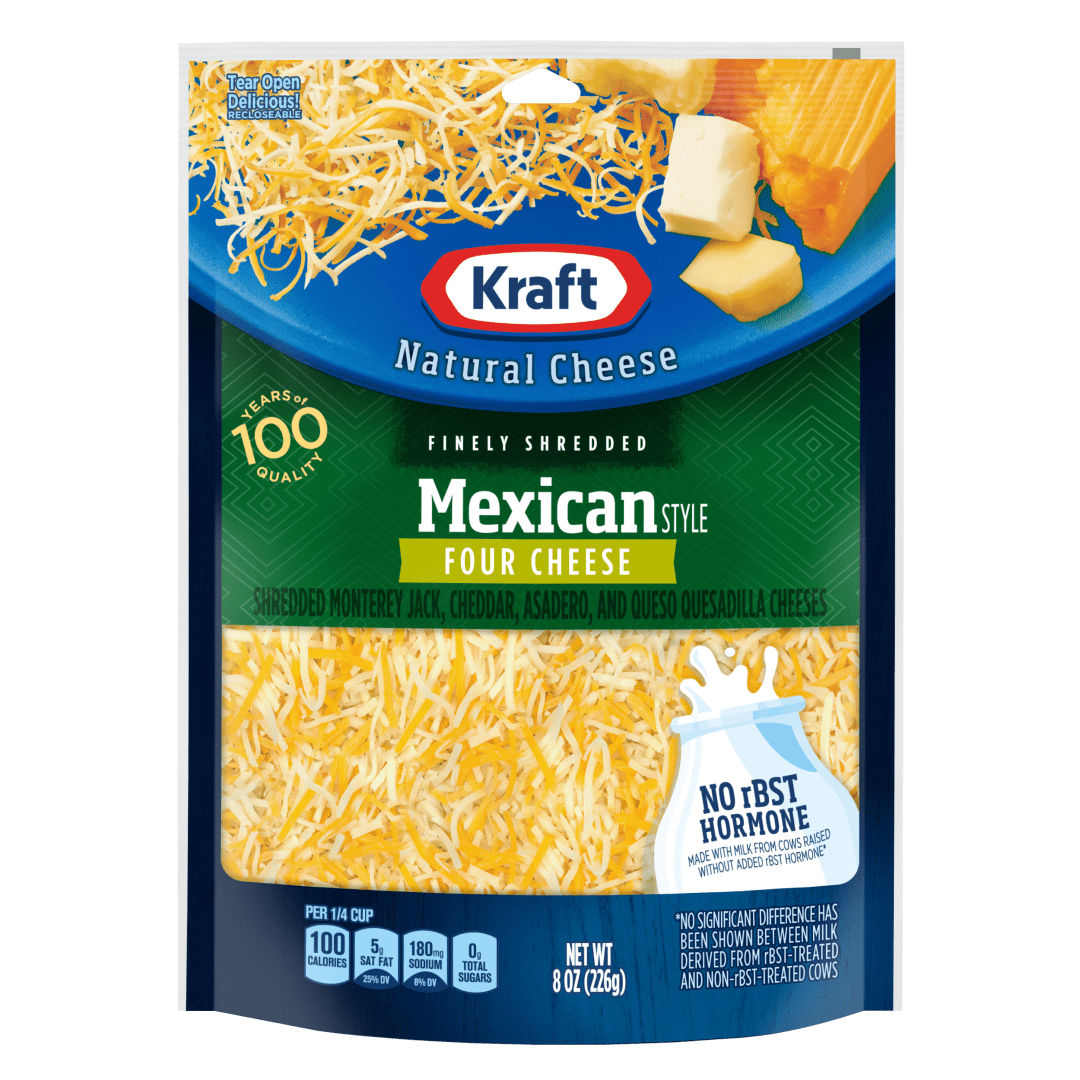 Kraft Natural Mexican Style Four Cheese Blend Finely Shredded Cheese, 8 oz Bag