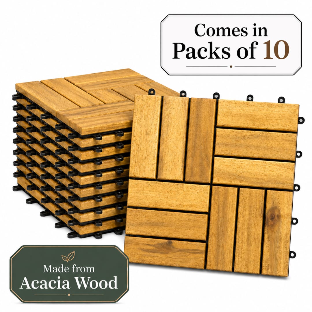 Patio Flooring Indoor/Outdoor 12 in. Golden Teak Acacia Wood Interlocking Deck Tiles, 10-Pack