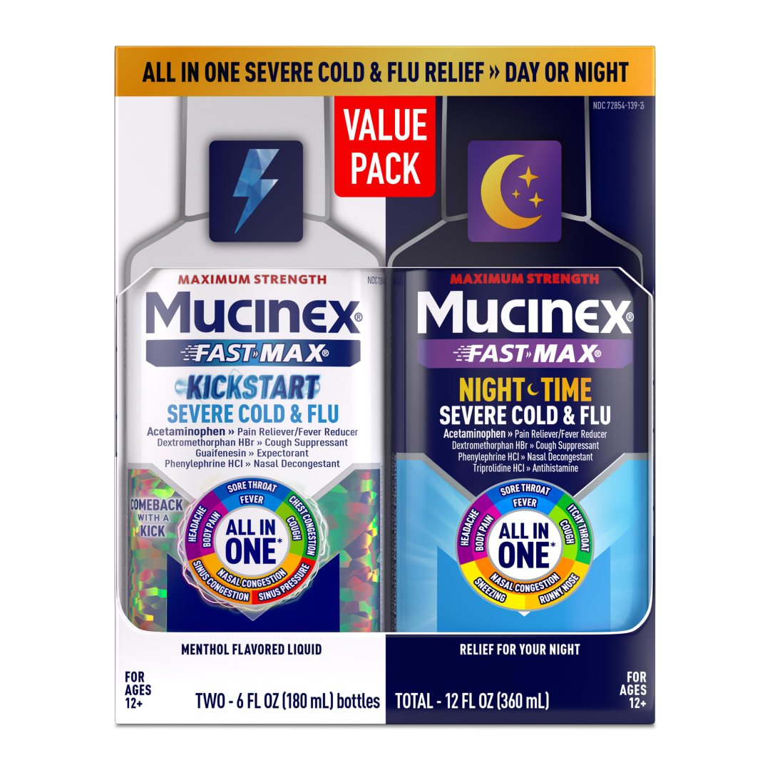 MUCINEX® FAST-MAX® Liquid Cold & Flu Kickstart & MUCINEX® Nightshift® Kickstart 3/(2x6) oz.