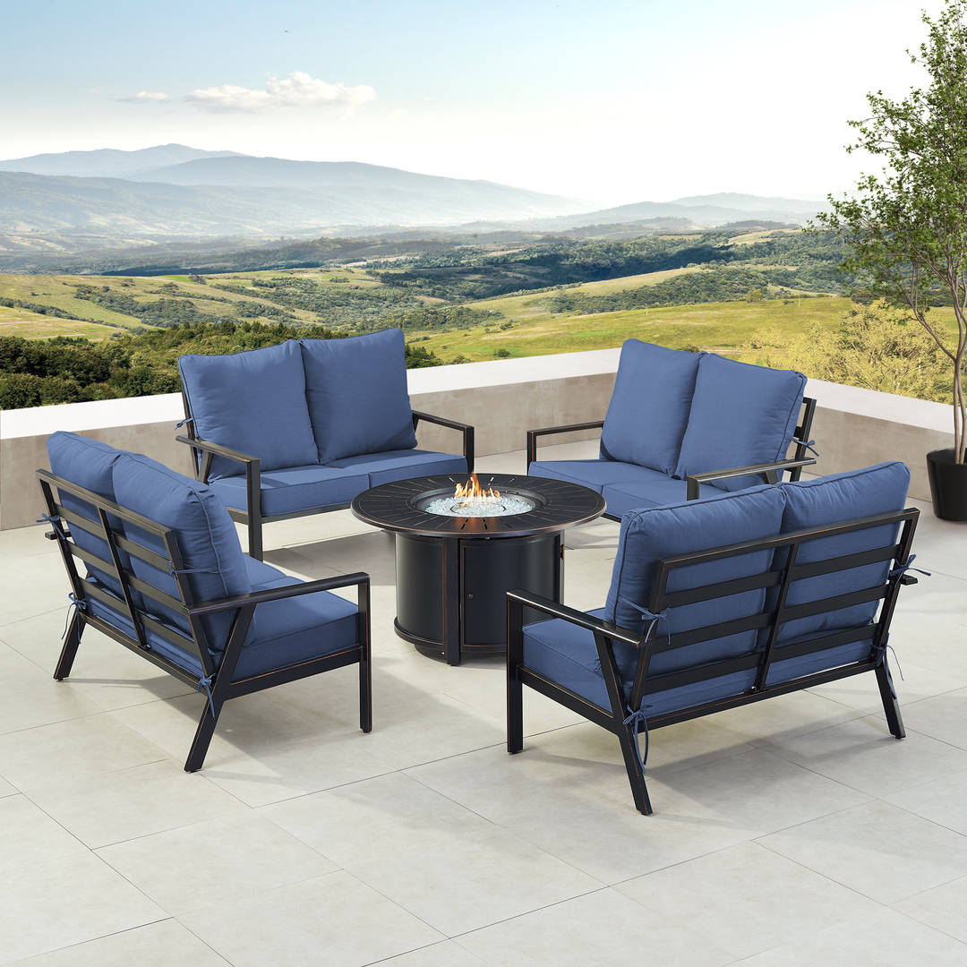 Black Aluminum Patio Fire Table Set with Four Deep Seating Loveseats with Cushions