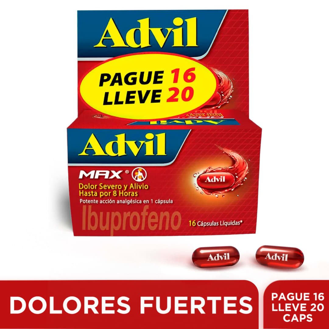 Advil Max Alivio De Los Dolores Asociados a La Inflamacion, IBUPROFENO, Pague 16 Lleve 20 CAPS*​