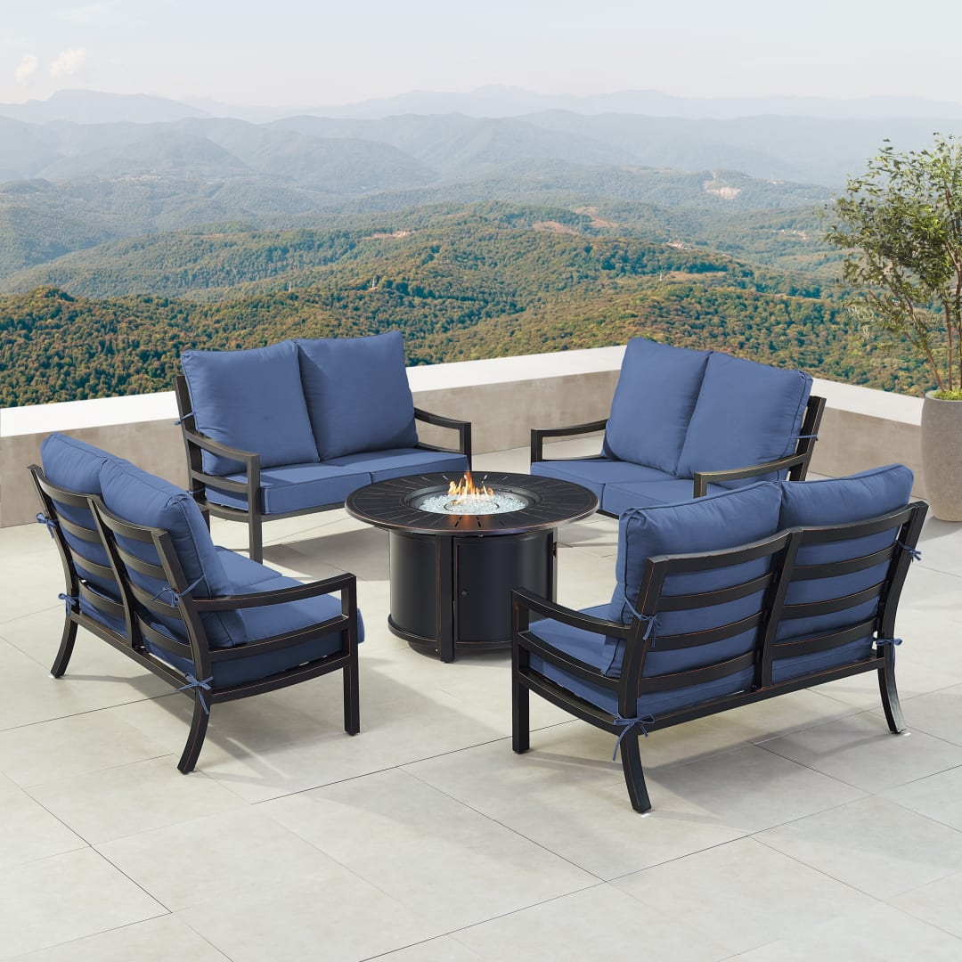 Black Aluminum Patio Fire Table Set with Four Deep Seating Loveseat with Cushions