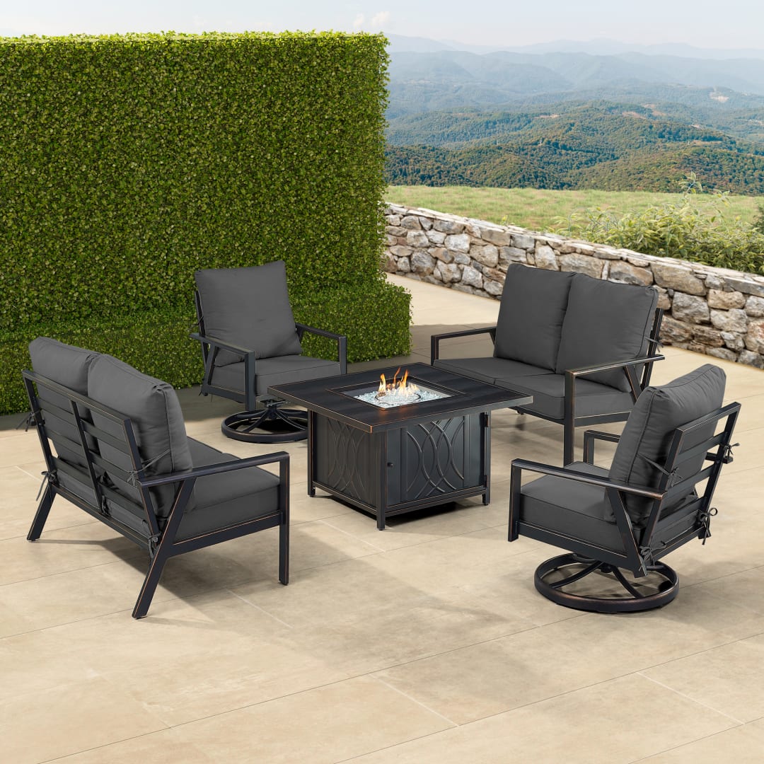 Black Aluminum Patio Fire Table Set with Two Deep Seating Loveseat with Cushions and Two Club Chairs