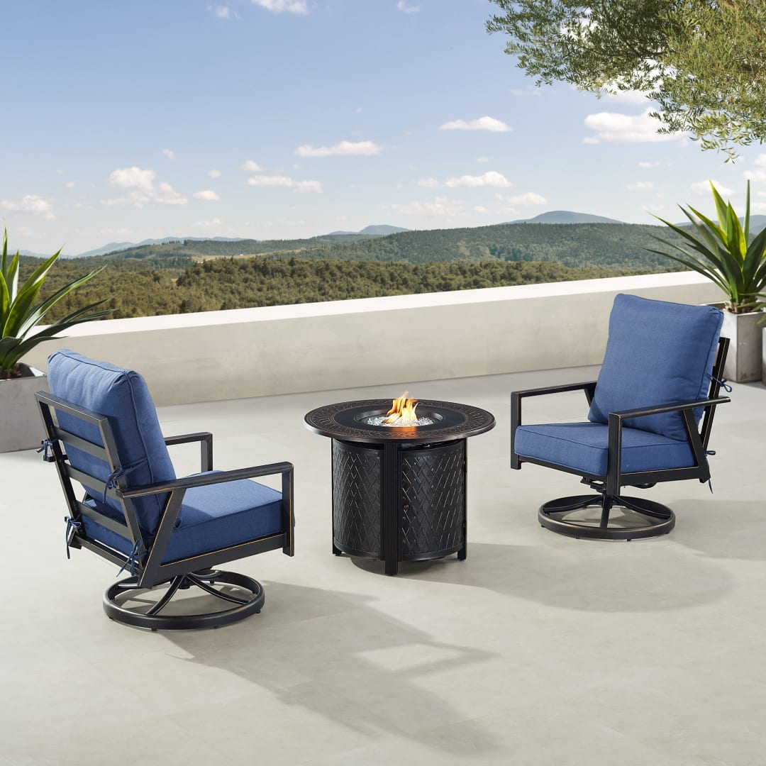 Black Aluminum Patio Fire Table Bistro Set with Two Club Chairs