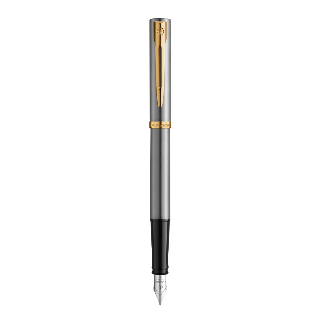 Waterman Impression Pluma estilográfica | Plumín fino con recarga de tinta azul | Acero inoxidable con adornos chapados en oro | Caja de regalo