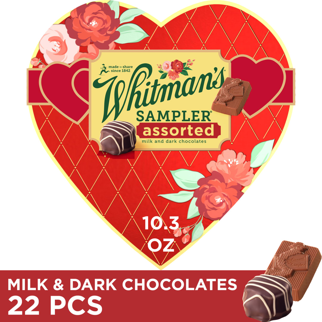 WHITMAN'S SAMPLER Valentine's Day Red Foil Floral Heart Assorted Milk & Dark Chocolate Candy Gift Box, 10.3 oz.