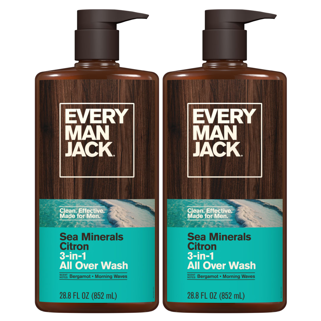 Every Man Jack Sea Minerals Citron Hydrating Mens 3-in-1 All Over Wash for All Skin and Hair Types - Body Wash, Shampoo and Conditioner with Naturally Derived Ingredients - 28.8oz (2 Pack)