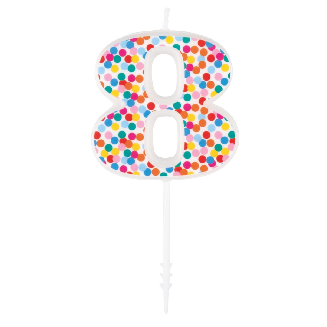 Packed Party Number 8 Confetti Patterned White Pick Birthday Candle