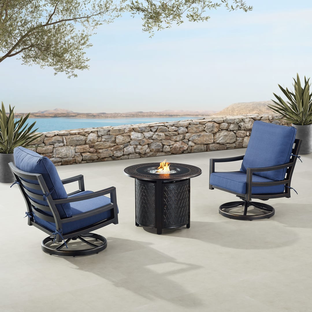Black Aluminum Patio Fire Table Bistro Set with Two Club Chairs