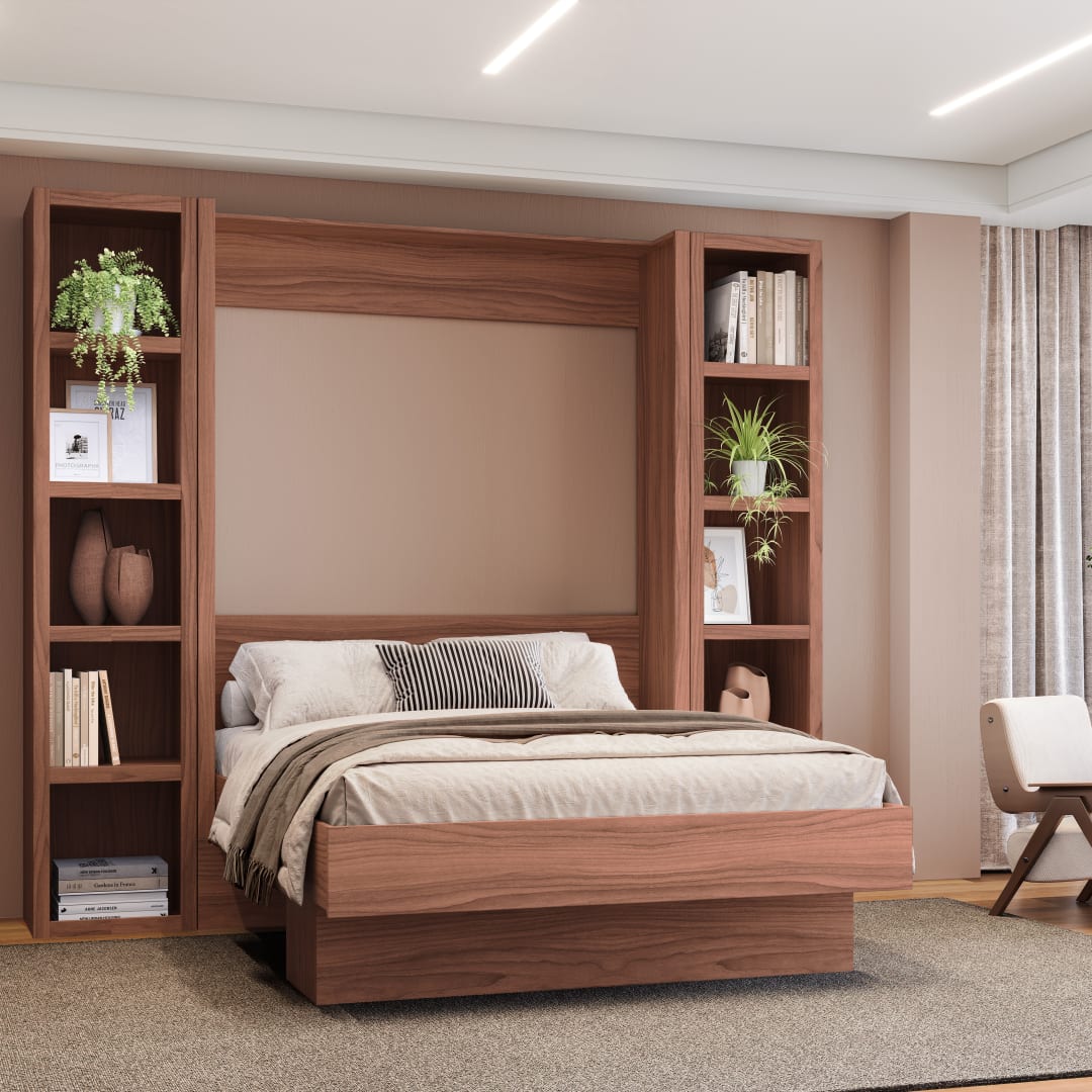 Easy-Lift Full Murphy Wall Bed in Natural Brown Wood Grain with Two Bookshelves