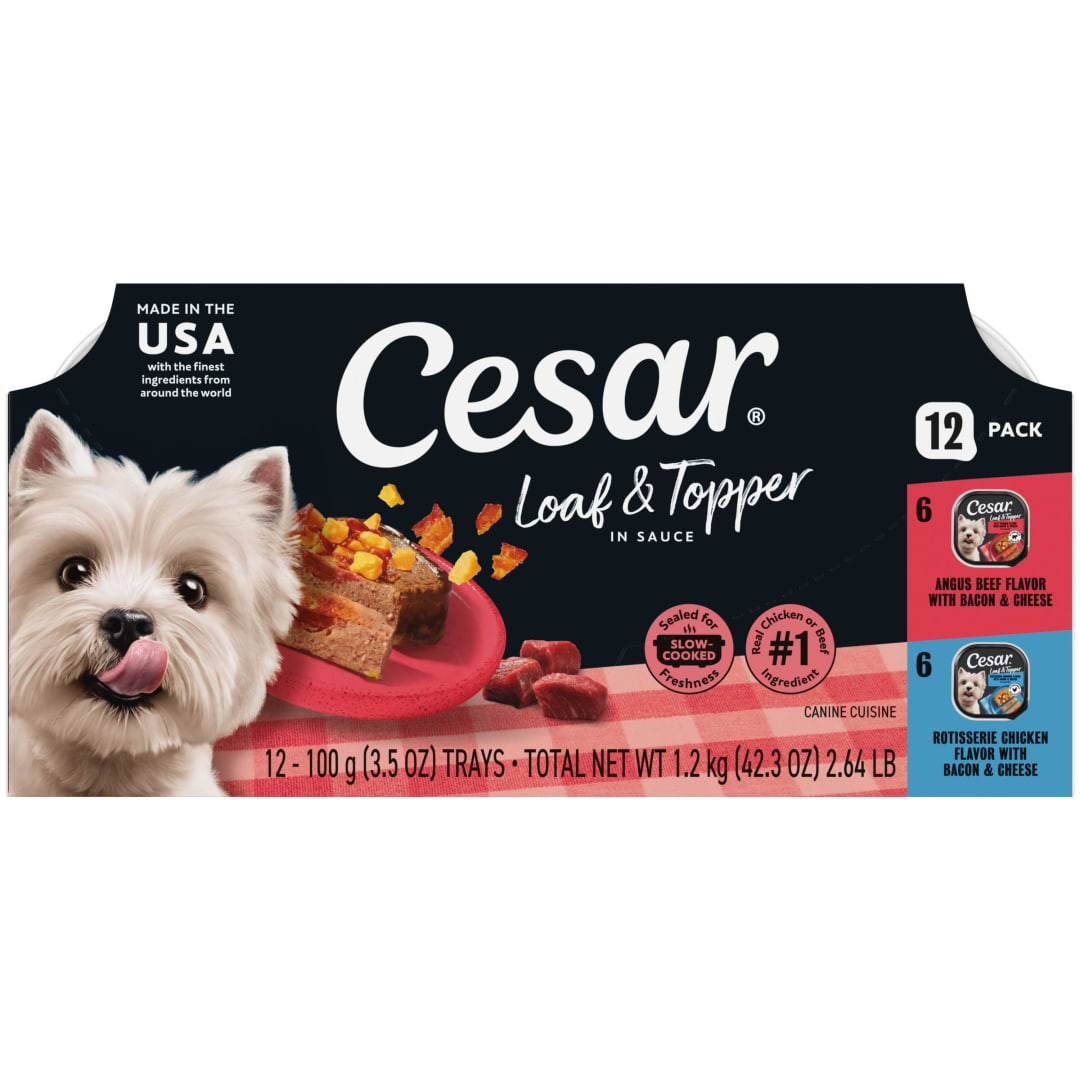CESAR Bacon Feast Adult Wet Dog Food Loaf & Topper in Sauce Variety Pack, (12) 3.5 oz. Easy Peel Trays