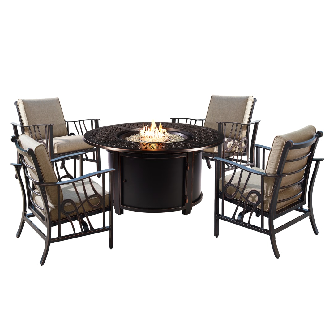 Aluminum 44-in Round Antique Copper Fire Table Set with Four Deep Seating Rocking Chairs, Fire Beads, Lid, Propane Tank Cover and Table Fabric Covers