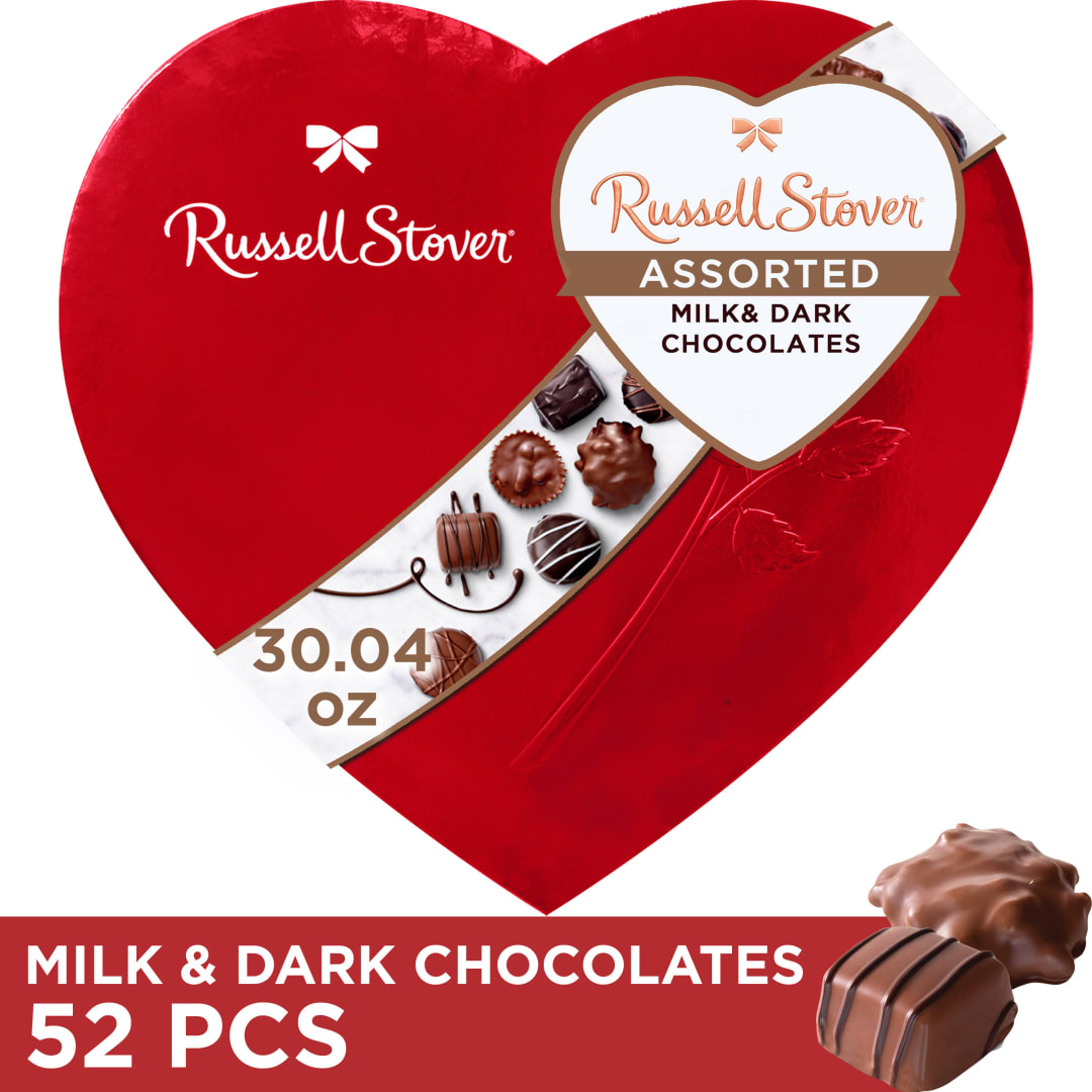 RUSSELL STOVER Valentine's Day Red Foil Heart Assorted Milk Chocolate & Dark Chocolate Candy Gift Box, 30.04 oz.