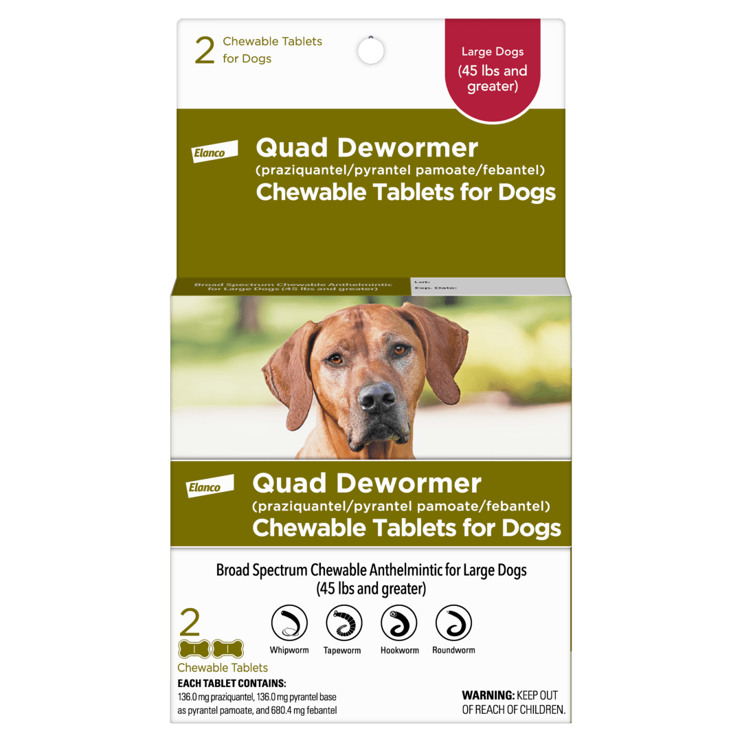 Elanco Chewable Quad Dewormer for Large Dogs, 45 lbs and over, 2 Chewable Tablets
