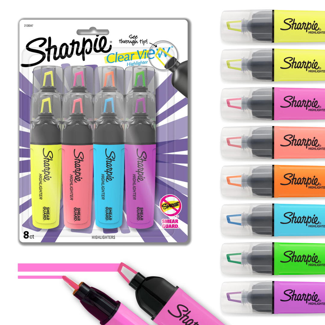 Sharpie Highlighter, Clear View Tank Highlighter with See-Through Chisel Tip, Assorted, 8 Count