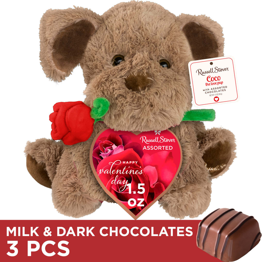 RUSSELL STOVER Valentine's Day Coco the Love Pup Plush with Assorted Chocolate Candy Gift Box, 1.5 oz.