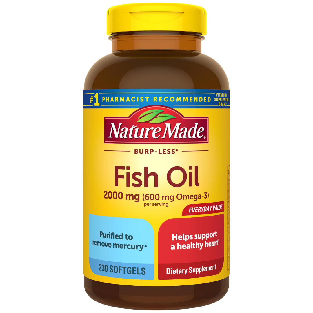 Nature Made Burp Less Fish Oil 2000 mg Per Serving Softgels, Fish Oil Supplements, Omega 3 Fish Oil for Healthy Heart Support, Omega 3 Supplement with 230 Softgels, 115 Day Supply