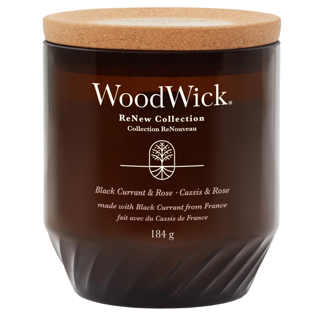 WoodWick ReNew Vela perfumada mecha crepitante | Vela mediana de grosella negra y rosa | Mezcla de cera de soja y coco de origen vegetal | Materiales reciclados | Regalo perfecto para mujeres