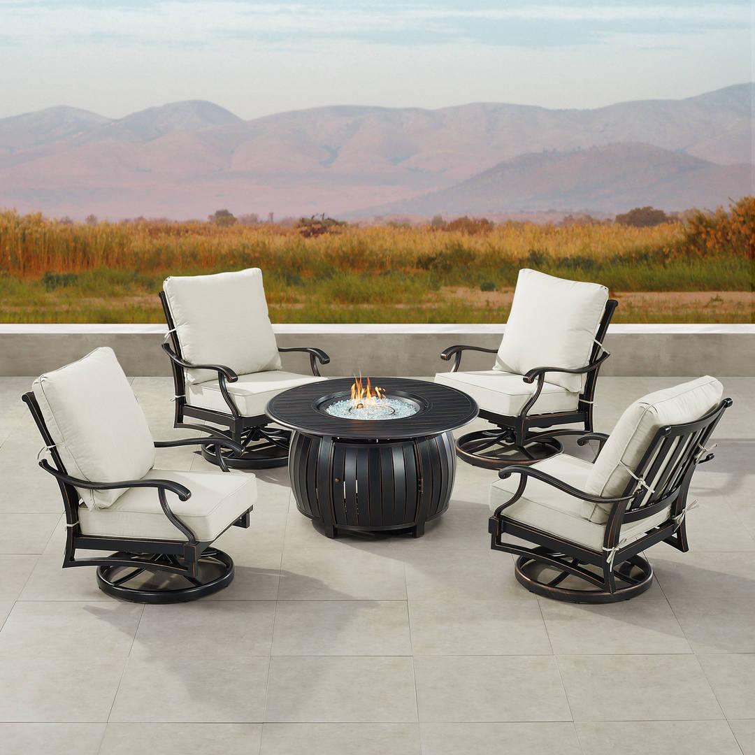 Black Aluminum Patio Fire Table Set with Four Club Chairs