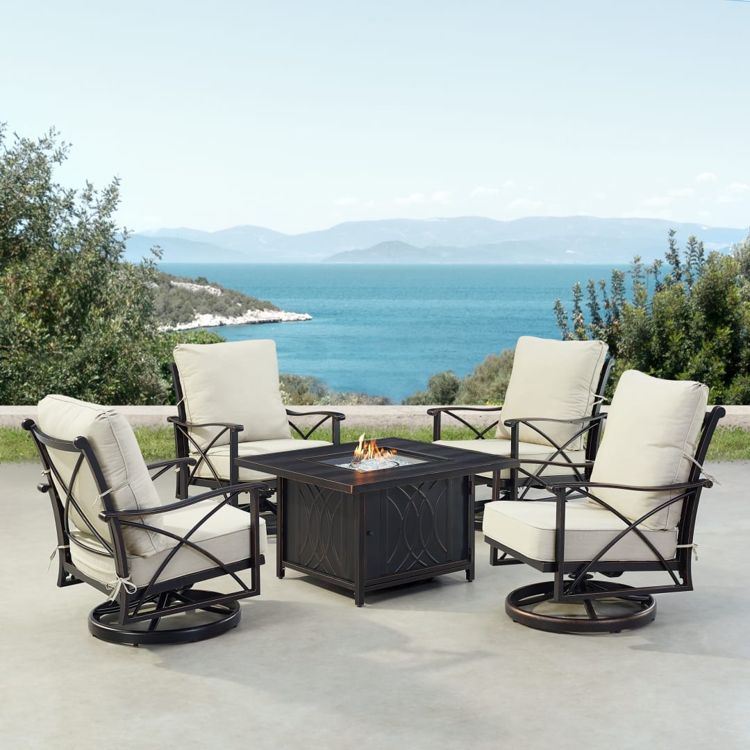 Black Aluminum Patio Fire Table Set with Four Club Chairs