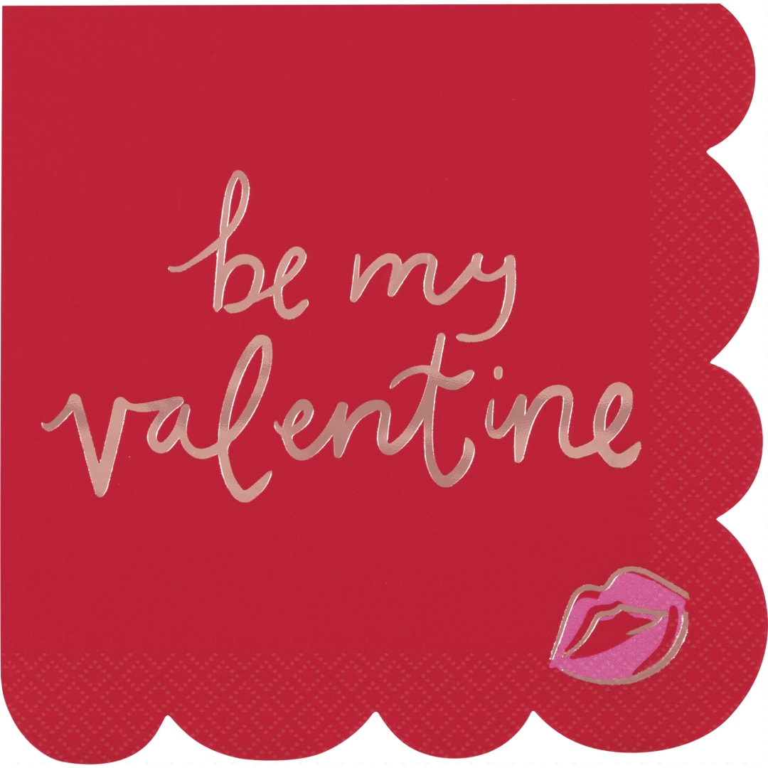 Red &amp; Pink Valentines "Be My Valentine" Scalloped Edge Luncheon Napkins, 16ct - Foil Stamping