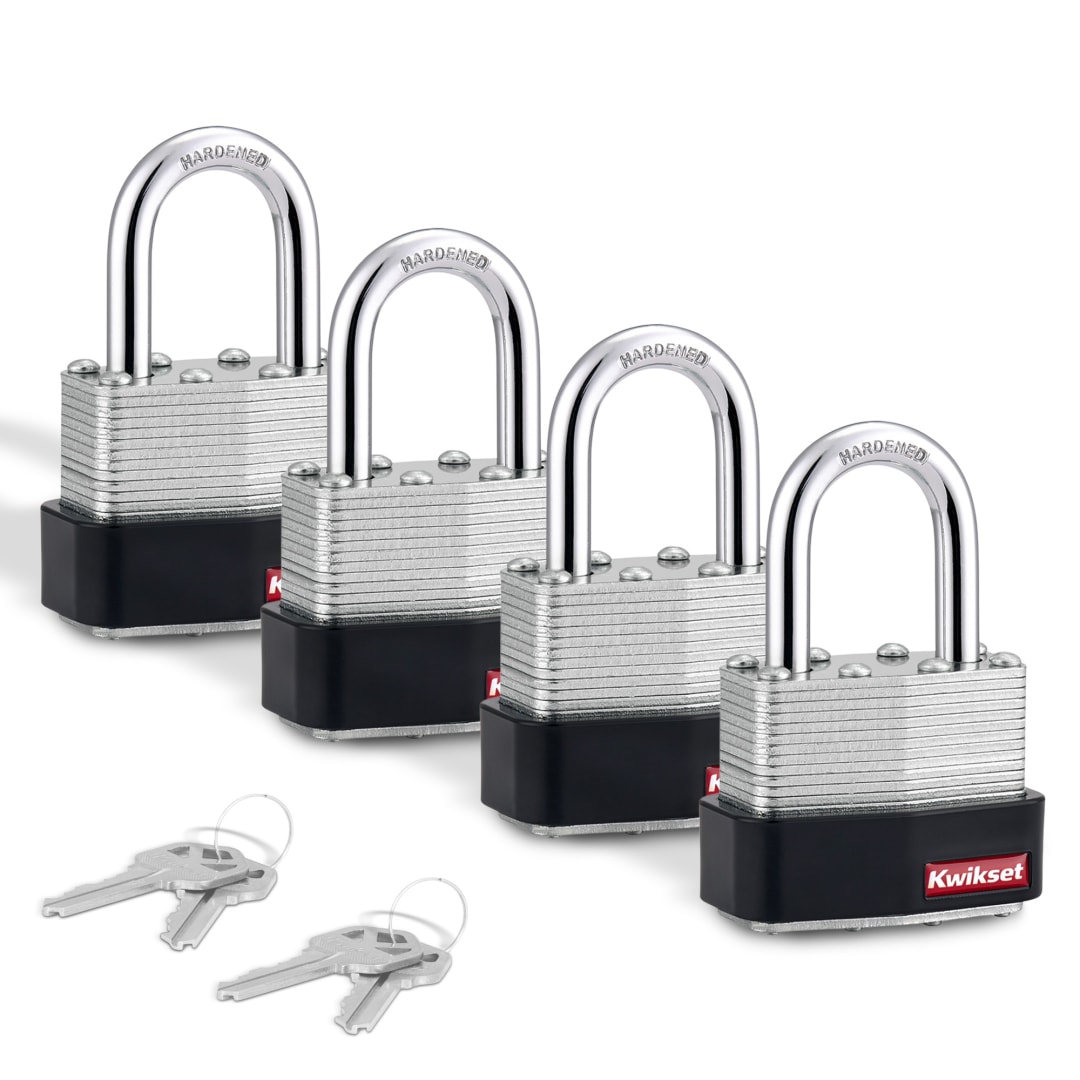 Kwikset Laminated Steel Padlock with Hardened Steel Shackle, 1-3/4 in Body, 1-1/16 in Shackle, 4 Pack