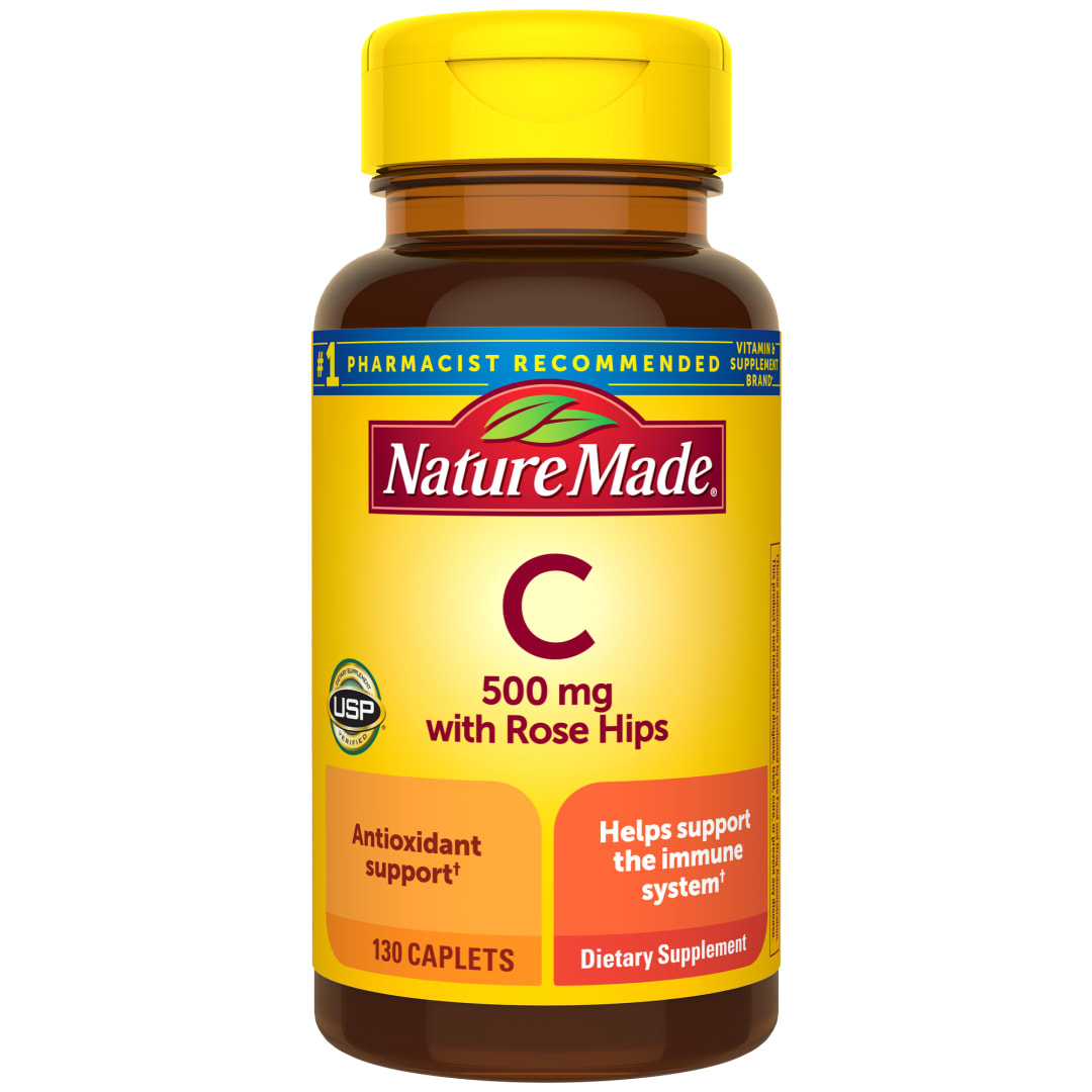 Nature Made Vitamin C 500 mg with Rose Hips Caplets, Vitamin C for Immune Support, 130 Caplets, 130 Day Supply