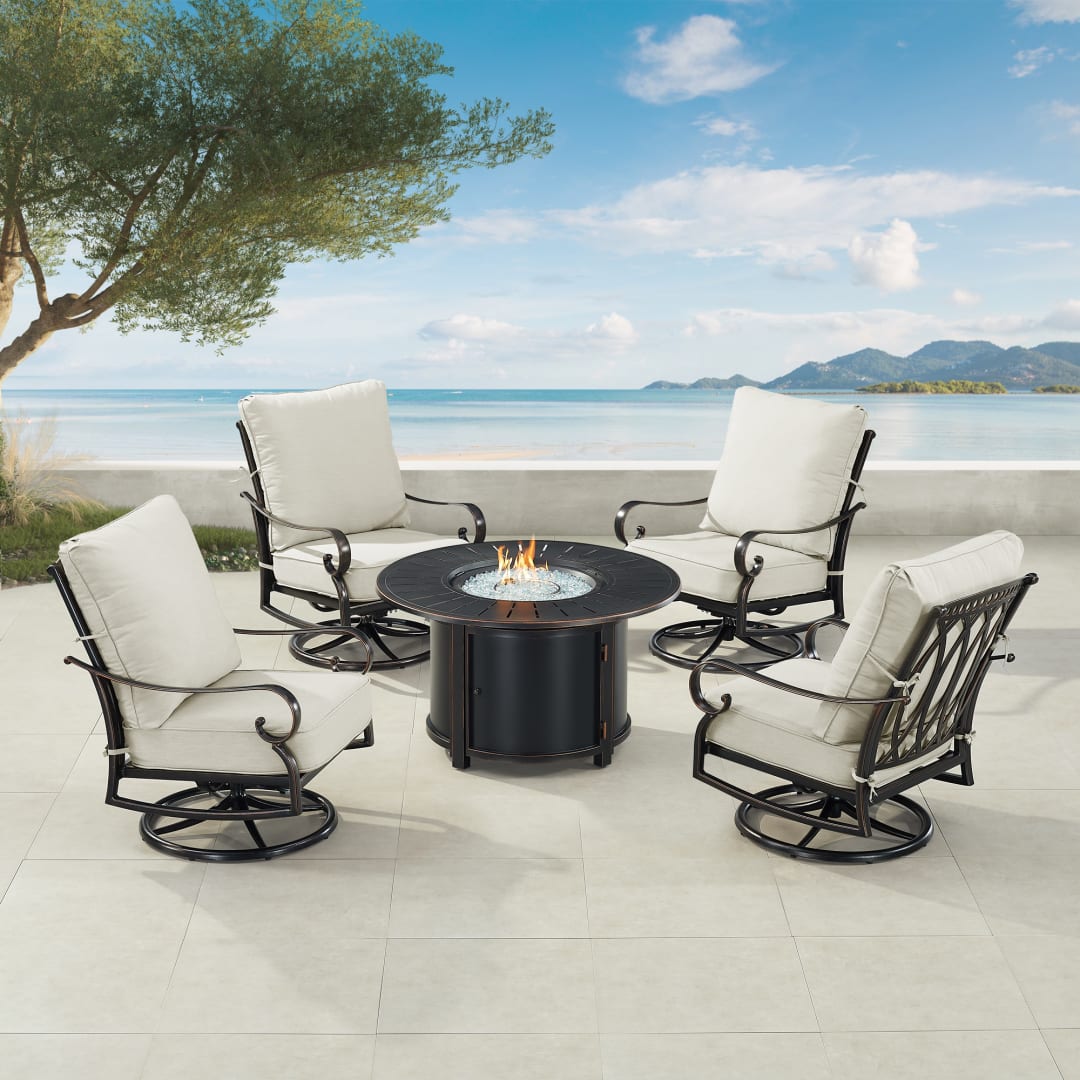 Black Aluminum Patio Fire Table Set with Four Club Chairs