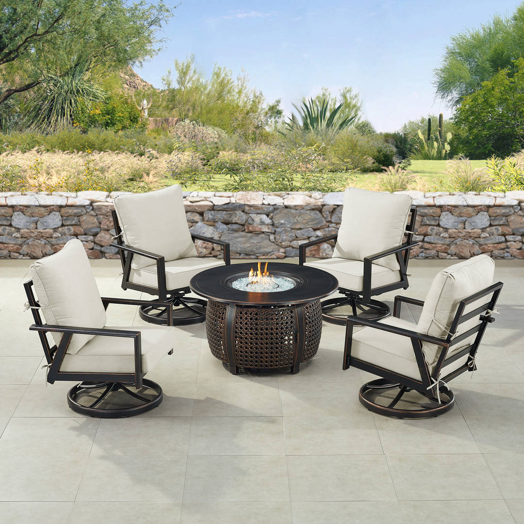 Black Aluminum Patio Fire Table Set with Four Club Chairs