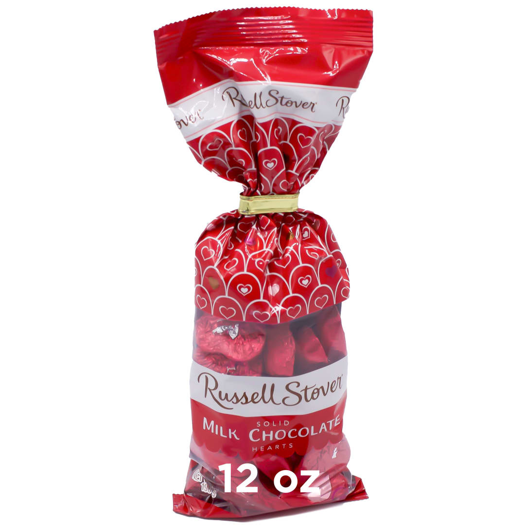 RUSSELL STOVER Valentine's Day Solid Milk Chocolate Foil Wrapped Hearts, 12 oz bag